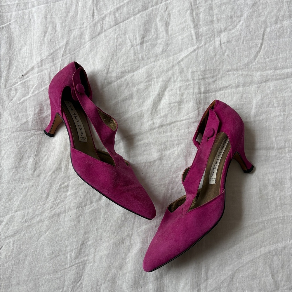 Vintage 80s Via Spiga Fuchsia Suede Kitten Heels – Made in Italy – Size 9B